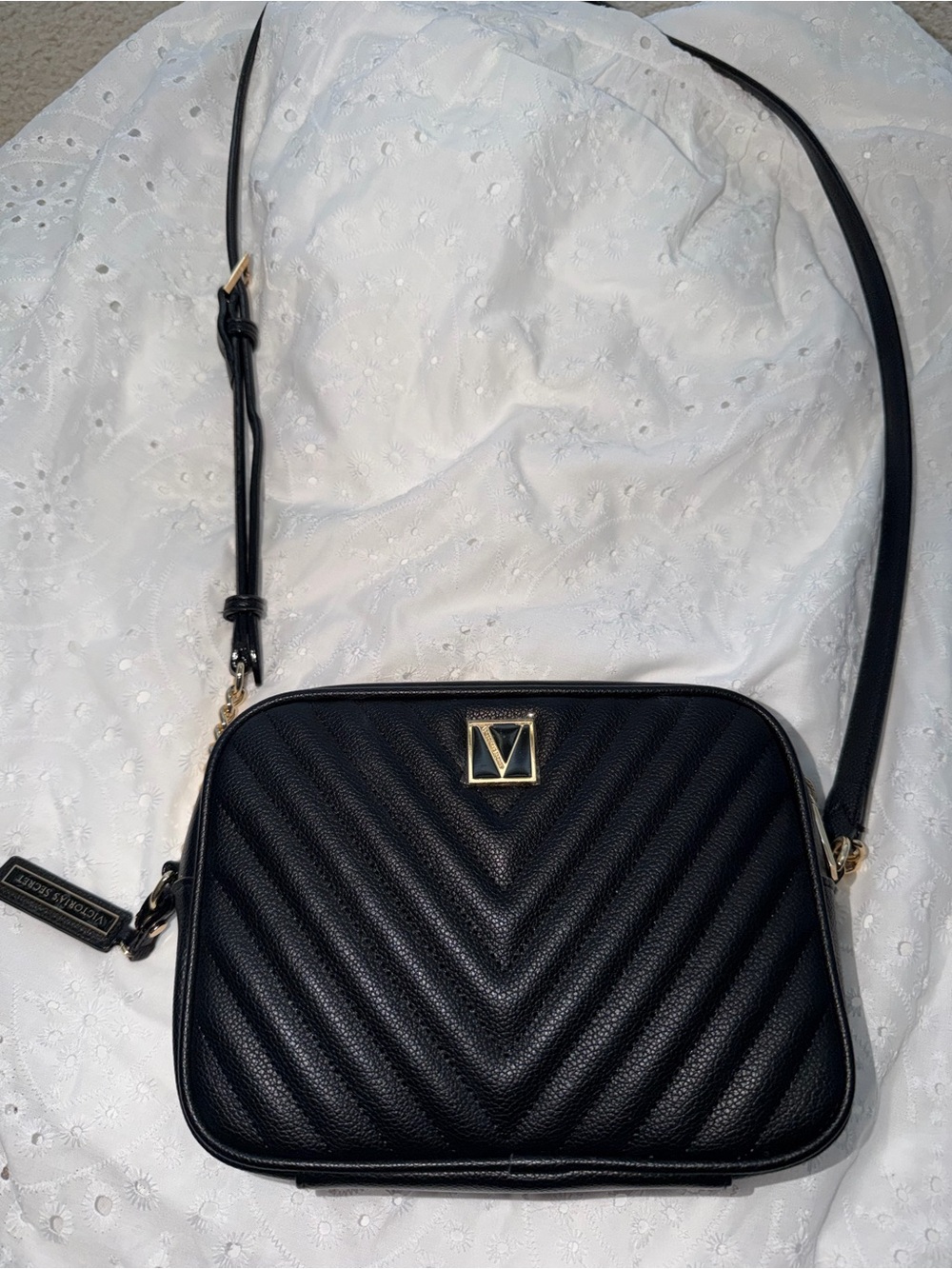 Victoria Secret Black Quilted Crossbody Bag with Gold Logo